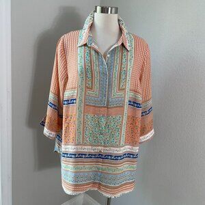 Rose+Olive Womens Plus 1X Multicolor Floral Geometric Button Up Blouse Shirt
